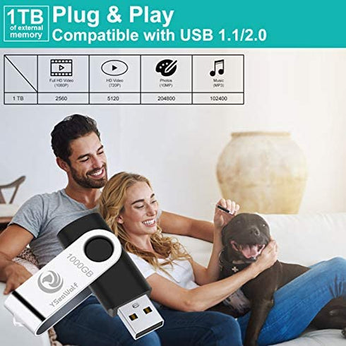 USB Flash Drive 1000GB, 2.0 USB Thumb Drives YSeaWolf for Computer/Laptop, External Data Storage Drive with Rotated Design, Memory Stick, Jump Drive Storage for Storing Photo/Video/Music/File(Black)
