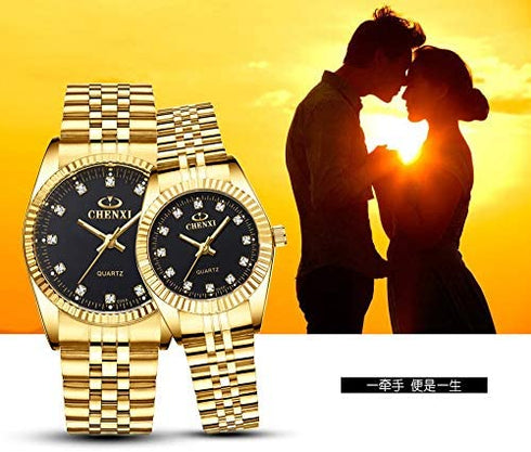 Couple Watches Classic Golden Stainless Steel Watch His and Hers Waterproof Quartz Watch