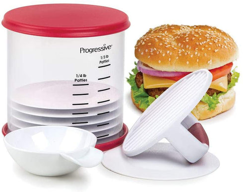 Prepworks by Progressive Perfect Burger Press Set, Press and Store Up to 6 Burgers, Non-Skid Base, Non-Stick Coating, Dimple Insert Creates Faster Even Cooking, Dishwasher Safe