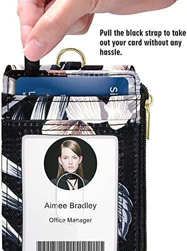 ELV Badge Holder with Zipper, ID Badge Card Holder Wallet with 5 Card Slots, 1 Side RFID Blocking Pocket and 20 inch Neck Lanyard Strap for Offices ID, School ID, Driver Licence (Floral)