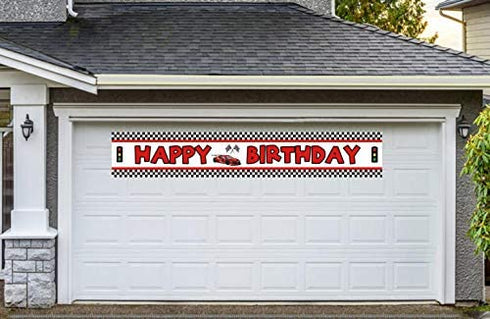 Lager Race Car Happy Birthday Banner, Red Racing Themed Party Supplies Decorations, Let's Go Racing Checkered Flag, Backdrop Background Table Cover (9.8 x 1.6 feet)
