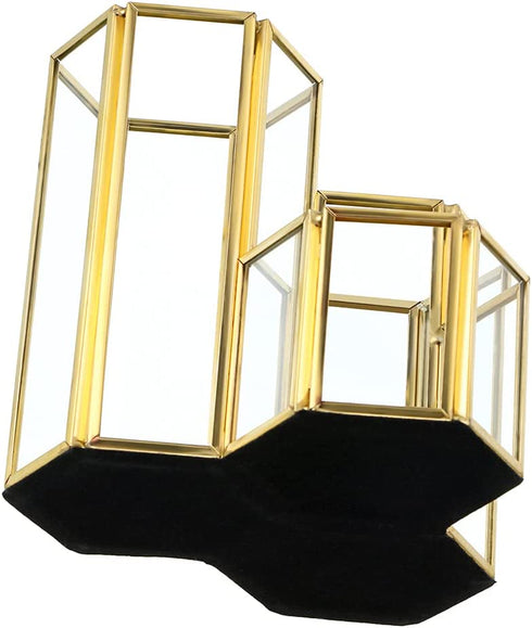 Hipiwe 3 Slots Glass Makeup Brush Holder - Gold Hexagon Cosmetics Brush Eyeliners Display Cup Home Decorative Makeup Organizer Desktop Pen/Pencil Pot Holder for Office