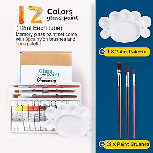 COLORFUL Stain Glass Paint Kit with 12 Colors, 3 Nylon Brushes, 1 Palette, Waterproof Acrylic Enamel Painting Set to Create Translucent Arts on Transparent Wine Glasses, Porcelain, Window and Ceramics