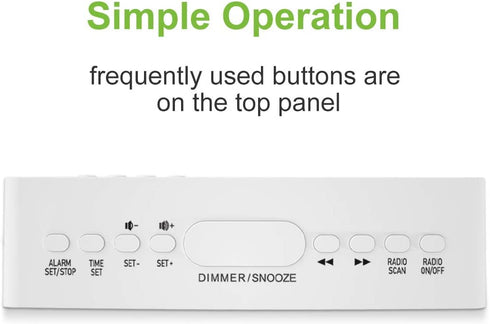 Reacher Simple Alarm Clock Radio with USB Charger Port, FM Radio, Dimmer, 6 Snoozes 9-Minute intervals, Adjustable Alarm Volume for Heavy Sleepers, for Bedrooms (White)