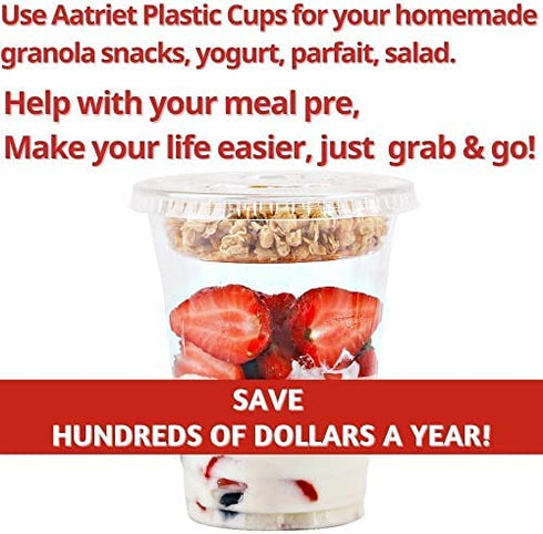 12 oz Clear Plastic Parfait Cups with Insert 3.25oz & Flat Lids No Hole - (20 Sets) Yogurt Fruit Parfait Cups for Kids, for Dips and Veggies, Take Away Breakfast and Snacks. No Leaking
