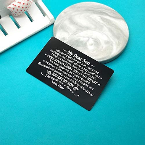 Son Gifts from Mom Engraved Wallet Insert Card for Son Christmas Birthday Gifts Inspirational Gifts for Son Graduation Gifts Wedding Day Gifts Encouragement Gifts for Son