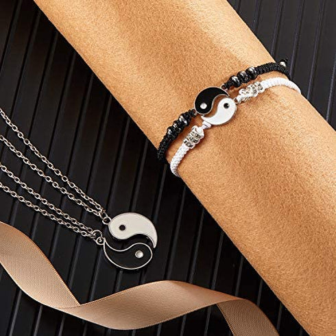 8 Pieces Yin and Yang Friend Necklace Bracelet Bff Couple Friendship Relationship Matching Yin Yang Necklace Bracelet Adjustable Handmade Cord Bracelet for Girlfriend Boyfriend Women Men