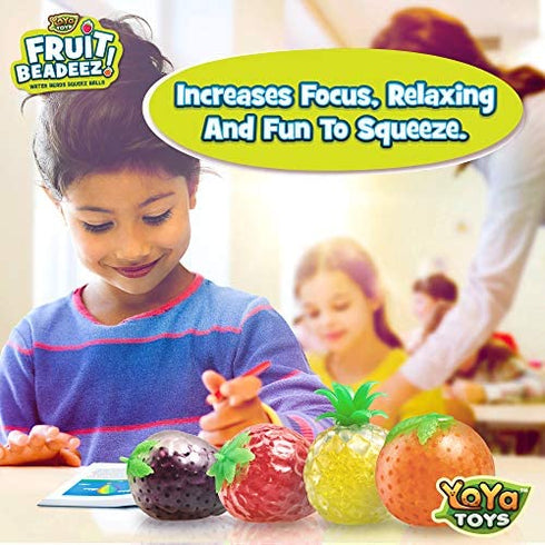 YoYa Toys Beadeez Squishy Fruit Stress Balls Toy (4-Pack) Tropical Designs Filled with Colorful, Squeezable Gel Water Beads - Promote Stress Relief, Calm Focus, Fun Play - Girls, Boys, Adults