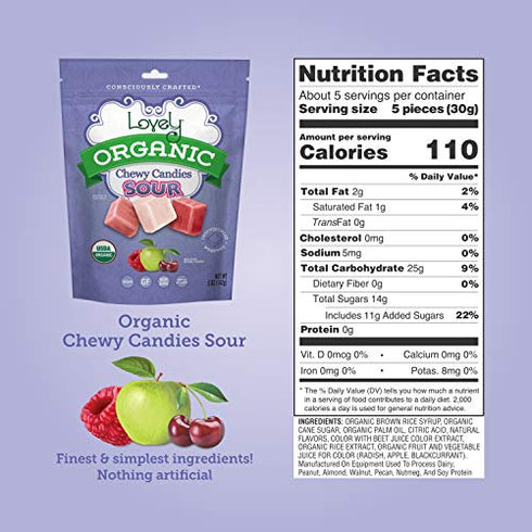 ORGANIC Sour Chewy Candies - Lovely Candy Co. 5oz Bag - Raspberry, Apple & Cherry Sour Candy Flavors | NO HFCS, GLUTEN or Fake Ingredients, 100% VEGAN!