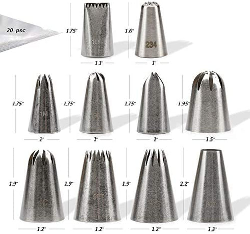Kayaso Cake Decorating Icing Piping Tip Set, 10 X-large Decorating Tips Stainless Steel Plus 20 Disposable Pastry Bags