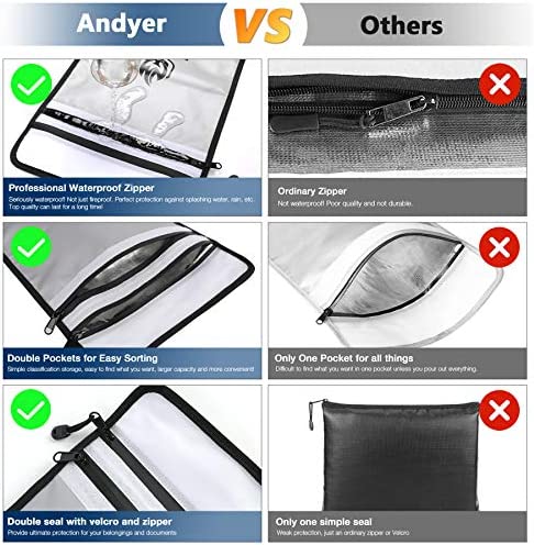 Upgraded Two Pockets Fireproof Document Bag (2000?), andyer 15”x 11”Waterproof and Fireproof Money Bag with Zipper, Fire Safe Storage for Valuables,Money,Jewelry,Legal Documents,File and Tablet