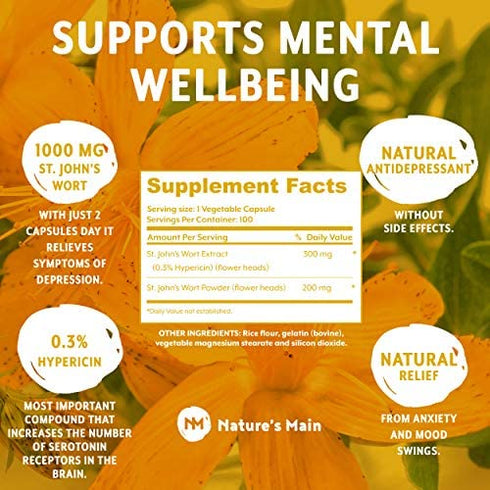 St Johns Wort Capsules Natural Relaxation Supplements, Mood Enhancer ? Max Strength 1000 mg ? 100 St Johns Wort Happy Pills