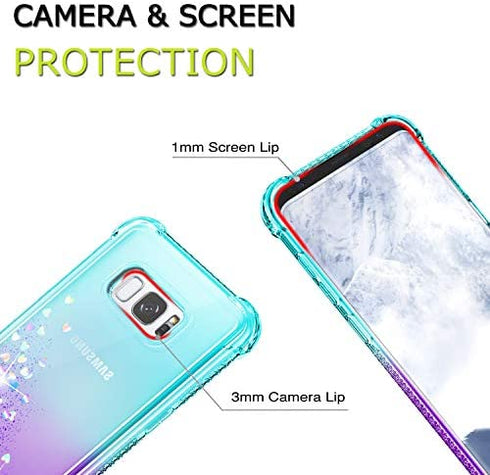 Gritup Galaxy S8 Case, Galaxy S8 Phone Case with HD Screen Protector for Girls Women, Cute Clear Gradient Glitter Liquid TPU Slim Phone Case for Samsung Galaxy S8 Teal/Purple