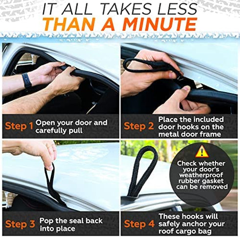 RoofPax 6 Rooftop Cargo Tie Down Hook Straps for Strapping Down Any Car Top Luggage. Waterproof, Attaches to Car Door Frame, Patent Registered, Extended Warranty!