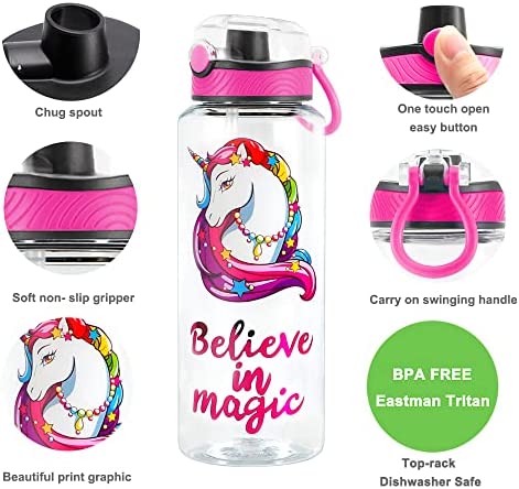 Home Tune 30oz Water Drinking Bottle - Tritan BPA Free, Chug Spout, Push-Button Flip Lid, Time Marker, Lightweight, Leak-Proof Water Bottle with Cute Print Design for Girls & Boys