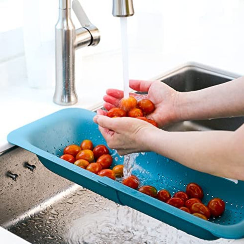 BLUE GINKGO Over the Sink Colander Strainer Basket - Wash Vegetables and Fruits, Drain Cooked Pasta and Dry Dishes - Extendable - New Home Kitchen Essentials (7.9 W x 14.5-19.5 L x 2.75 H) - Teal