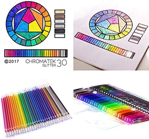 Glitter Pens 60 Set by Chromatek. Best Colors. 200% the Ink: 30 Gel Pens, 30 Refills. Super Glittery Ultra Vivid Colors. No Repeats. Professional Art Pens. New & Improved.