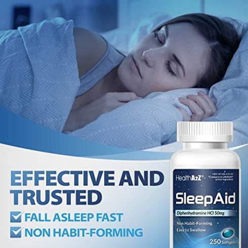 HealthA2Z Sleep Aid, Diphenhydramine HCl 50mg, 250 Softgels, Supports Deeper, Restful Sleeping, Non Habit-Forming
