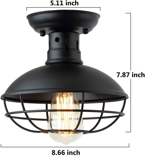 ZZ Joakoah Industrial Vintage Rustic Semi Flush Mount Ceiling Light, Metal Cage Pendant Lighting Lamp Fixture for Hallway Stairway Kitchen Garage Porch, E26, Black Painting Finish.