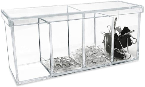Isaac Jacobs 4-Compartment Clear Acrylic Organizer with Lid (9 L x 3 W x 4 H), Makeup Brush Holder, Sectional Tray, Storage Solution for Makeup, Crafts, Office Supplies & More (1, Clear)