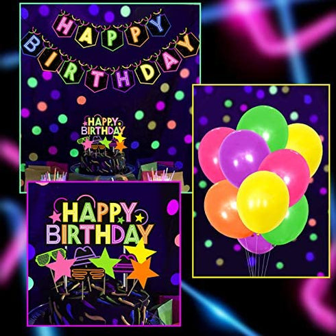 Glow Birthday Party Decoration Set Glow In The Dark Happy Birthday Banner Neon Cake Cupcake Topper Teenager B-Day Party At Night Balloons Ideas Favors Supplies