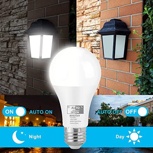 Qualilux Dusk to Dawn Light Bulbs 60W Equivalent, 6000K Daylight Deluxe, 9.5W 850LM, 360degree Light Sensing LED Bulb, Photocell Sensor, Auto On/Off, A19 E26, 2-Pack