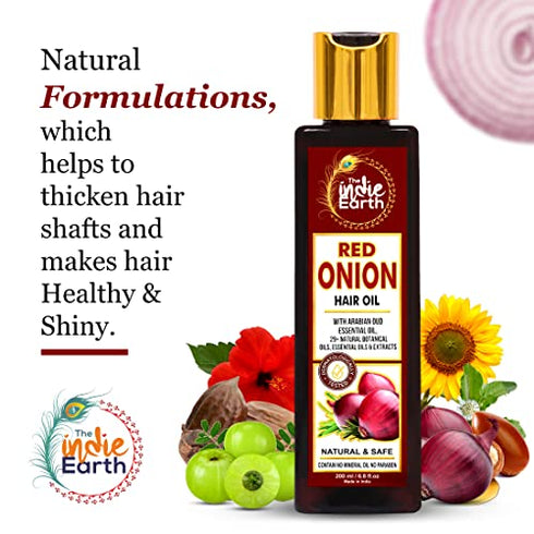 THE INDIE EARTH RED ONION ANTI HAIR LOSS & HAIR GROWTH OIL WITH PURE ARGAN, JOJOBA, ROSEMARY, BLACK SEED OIL IN PUREST FORM VERY EFFECTIVELY CONTROL HAIR LOSS, PROMOTES HAIR GROWTH 200ml