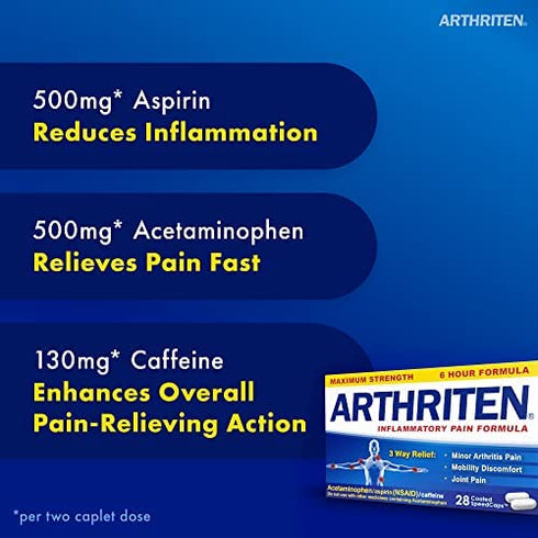 Arthriten Inflammatory Pain Formula Caplets with 3 Active Ingredients: Aspirin, Acetaminophen & Caffeine, White, 28 Count (Pack of 1)