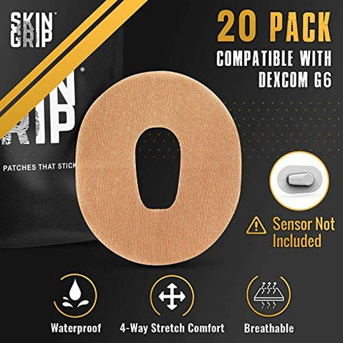 Skin Grip Adhesive Patches for Dexcom G6 CGM (20-Pack), Waterproof & Sweatproof for 10-14 Days, Pre-Cut Adhesive Tape, Continuous Glucose Monitor Protection (Tan)