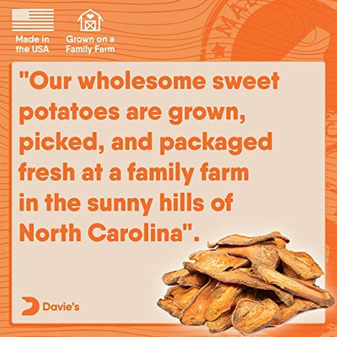 Davie's Sweet Potato Dog Treats, Made in The USA, High in Fiber, Grain Free, Vegan, No Preservatives, Vegetarian Alternative to Rawhide Chews, Rich in Vitamins, Large 0.5 lb. Bag