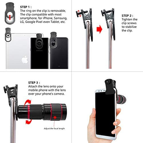 Cell Phone Camera Lens, 20X Zoom Telephoto Lens, Smartphone Lens for iPhone, Samsung, Android, Monocular Telescope