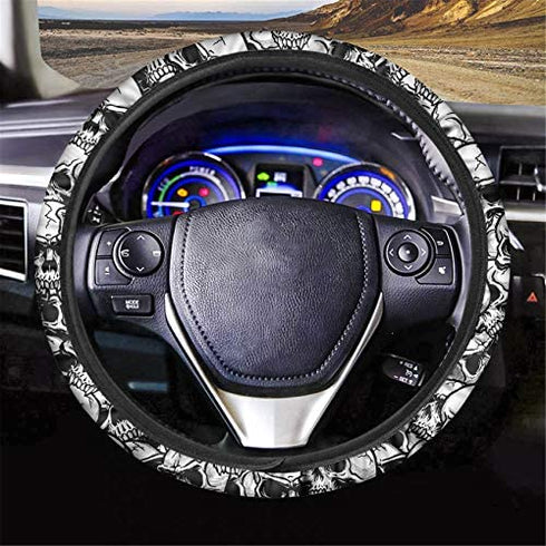 HUGS IDEA Halloween Universal Size Car Steering Wheel Cover Punk Skull Design Stretch-on Car Accessories for Women Girl Suitable for SUV Sedan Vans Trucks