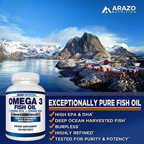 Omega 3 Fish Oil 4,080mg - High EPA 1200mg + DHA 900mg Triple Strength Burpless Softgels - Arazo Nutrition (120 Soft Gels)