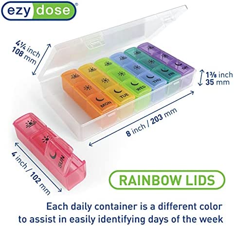 Ezy Dose Weekly (7-Day) Pill Organizer, Vitamin and Medicine Box, X-Large Pop-Out Compartments, 3 Times a Day, Rainbow Lids with Case