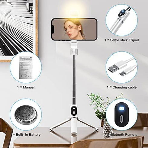 ACEHE Selfie Stick for iPhone Wireless Bluetooth Tripod Selfie Stick with LED Light Detachable Remote 360 Rotation Compatible with iPhone 13/13 Pro/12/11/XR/X/Pro Max/Mini, Android Smartphone -White