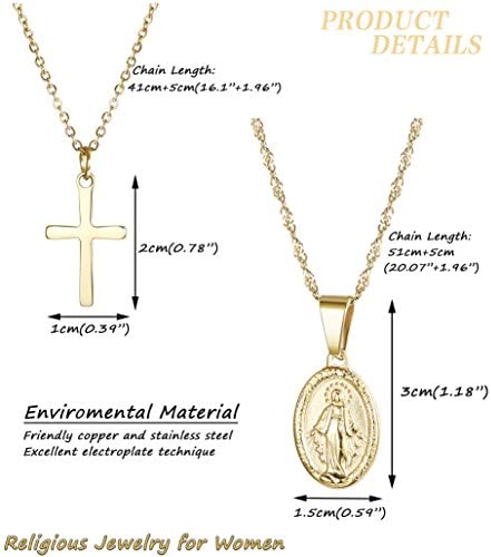 Finrezio 14K Gold-Plated Catholic Christian Jewelry Cross and Virgin Mary Pendant Necklace for Women Multilayer Necklace Set