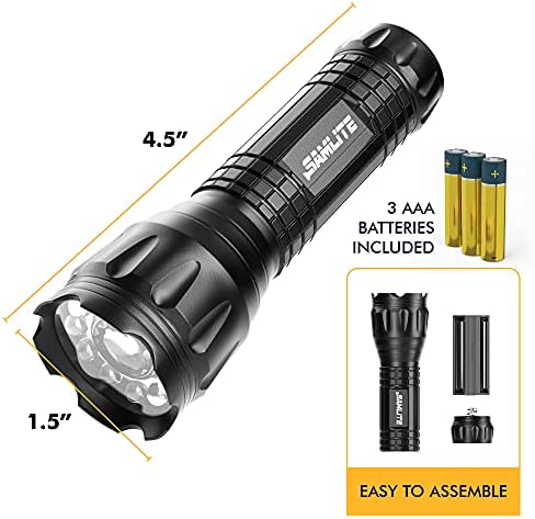 SAMLITE- LED Tactical Flashlight with 5 Options, Bright LED Light, Laser Pointer, UV Blacklight, Green Light and Magnetic Bottom - Water Resistant - (3 AAA Batteries Included)