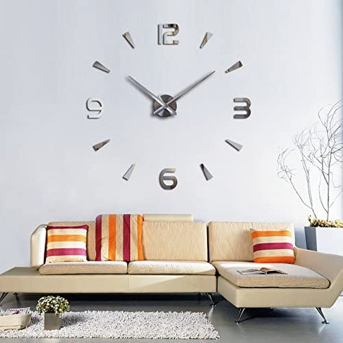 Large DIY Frameless Wall Clock 3D Wall Clock with Mirror Number Stickers for Home Office Decorations (Silver)