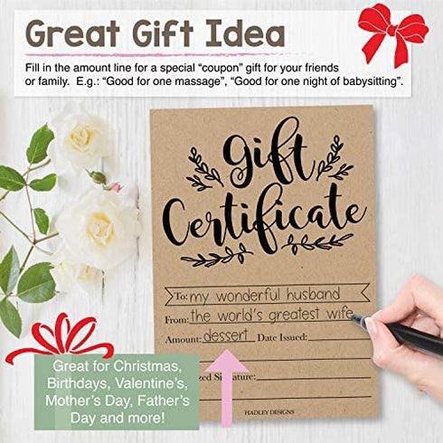 25 Rustic Blank Gift Certificates for Small Business, Black Kraft Paper Voucher for Massage, Hair & Nail Salon Spa, Restaurants, and DIY Coupon Cards for Birthday, Mom Valentines Day, Him & Her, 5x7"