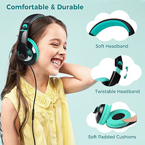 rockpapa Comfort+ Kids Headphones with Microphone and Volume Control, Boys Girls Student Over-Ear Headphones Wired for School Classroom Laptop PC Computer Tablet Black Teal
