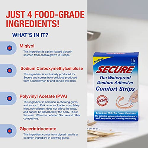 Secure Comfort Strips Waterproof Denture Adhesive - Zinc Free - Extra Firm Hold For Lower Dentures - 15 Count (Pack of 2)