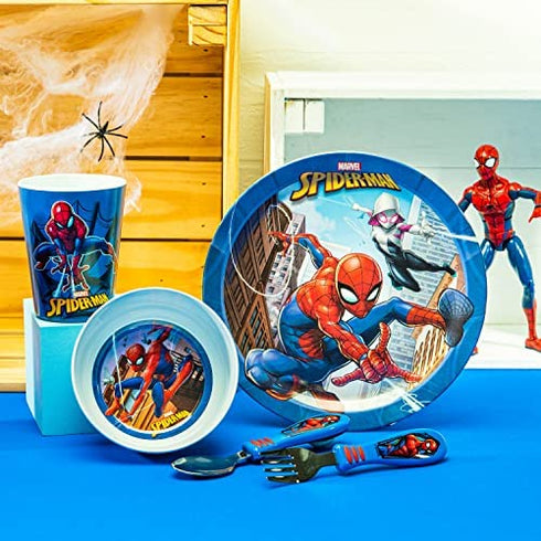Zak Designs Spider-Man Dinnerware Set Includes Plate, Bowl, Tumbler and Utensil Tableware BPA-Free Made of Durable Melamine Material and Perfect for Kids, Dinnerware 5pc Set