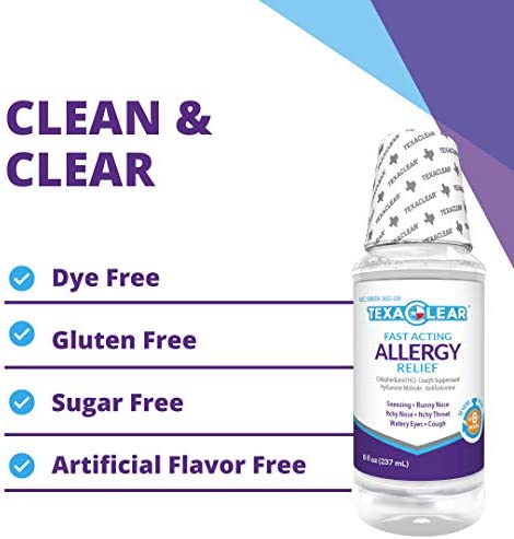 TexaClear Allergy Relief - Fast Acting Dye Free Liquid Cough Suppressant & Antihistamine – 8 Hour Relief (8 fl oz)