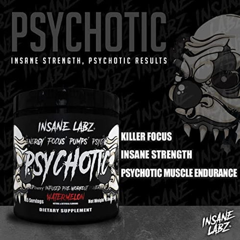 Insane Labz Psychotic Black Edition Mid Stimulant Pre Workout Powder, Energy Focus Pumps, Loaded with Creatine Beta Alanine Taurine Fueled by AMPiberry, 35 Servings Watermelon