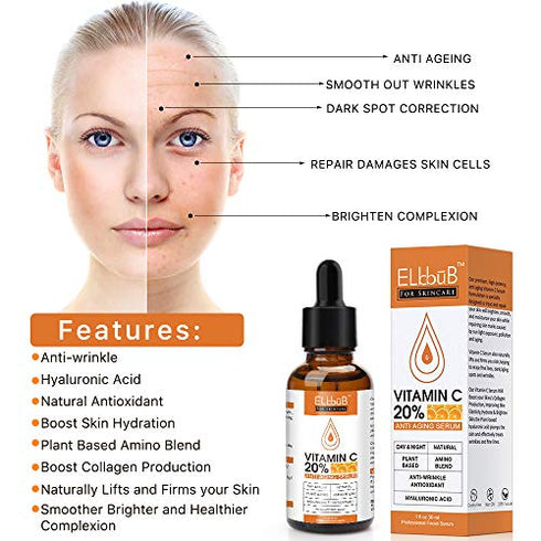 Premium 20% Vitamin C Serum For Face with Hyaluronic Acid, Retinol & Amino Acids - Boost Skin Collagen, Brighten Hydrate & Plump Skin, Anti Aging & Wrinkle Facial Serum
