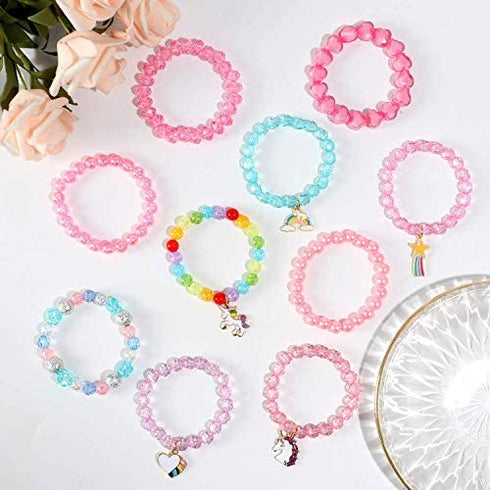 G.C 10 PCS Girls Kids Rainbow Beaded Bracelet with Cute Unicorn Rainbow Heart Star Pendant Stretchy Costume Jewelry Set Gift Play Party Favors Present Friendship Jewelry for Baby Toddler Little Girl