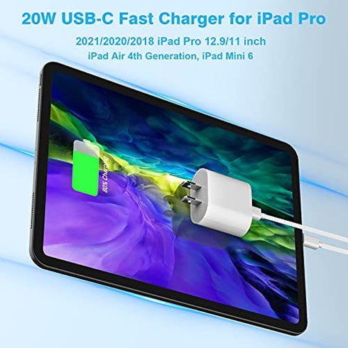 20W USB C Fast Charger with 10ft USB C to C Charging Cord for 2022/2021/2020/2018 iPad Pro 12.9 Gen 6/5/4/3, iPad Pro 11 Gen 4/3/2/1, iPad Air 5th/4th Generation, iPad 10th Generation, iPad Mini 6th