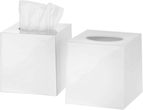 DW‹LLZA HOM‹ Tissue Box Cover Square - Facial Cube Tissue Box Holder Case Dispenser for Bathroom Vanity Countertop, Bedroom Dresser, Office Desk or Night Stand Table, 2 Pack - White