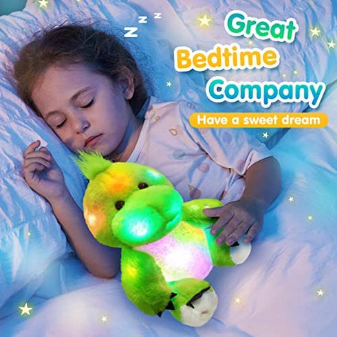 BSTAOFY 11'' Light Up Dinosaur Stuffed Animals Cute LED T-Rex Soft Plush Toy Glow in The Dark Gifts for Kids Boys Girls Birthday Holiday, Green