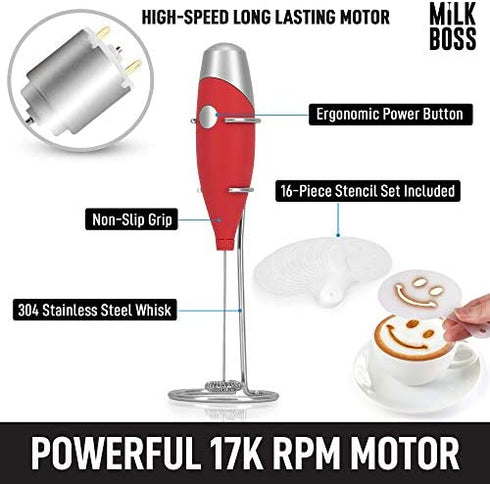 Milk Boss Mighty Milk Frother Handheld Whisk Mixer - Coffee Frother Electric Handheld Foam Maker & Frother For Coffee - Portable Electric Whisk With 16-Piece Stencils For Lattes, Matcha & More (Red)